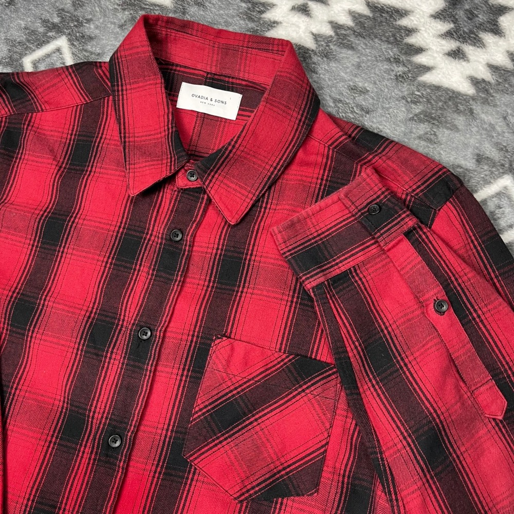 Ovadia & Sons Red Black Plaid Button Down Shirt Cotton Mens L Long Sleeve